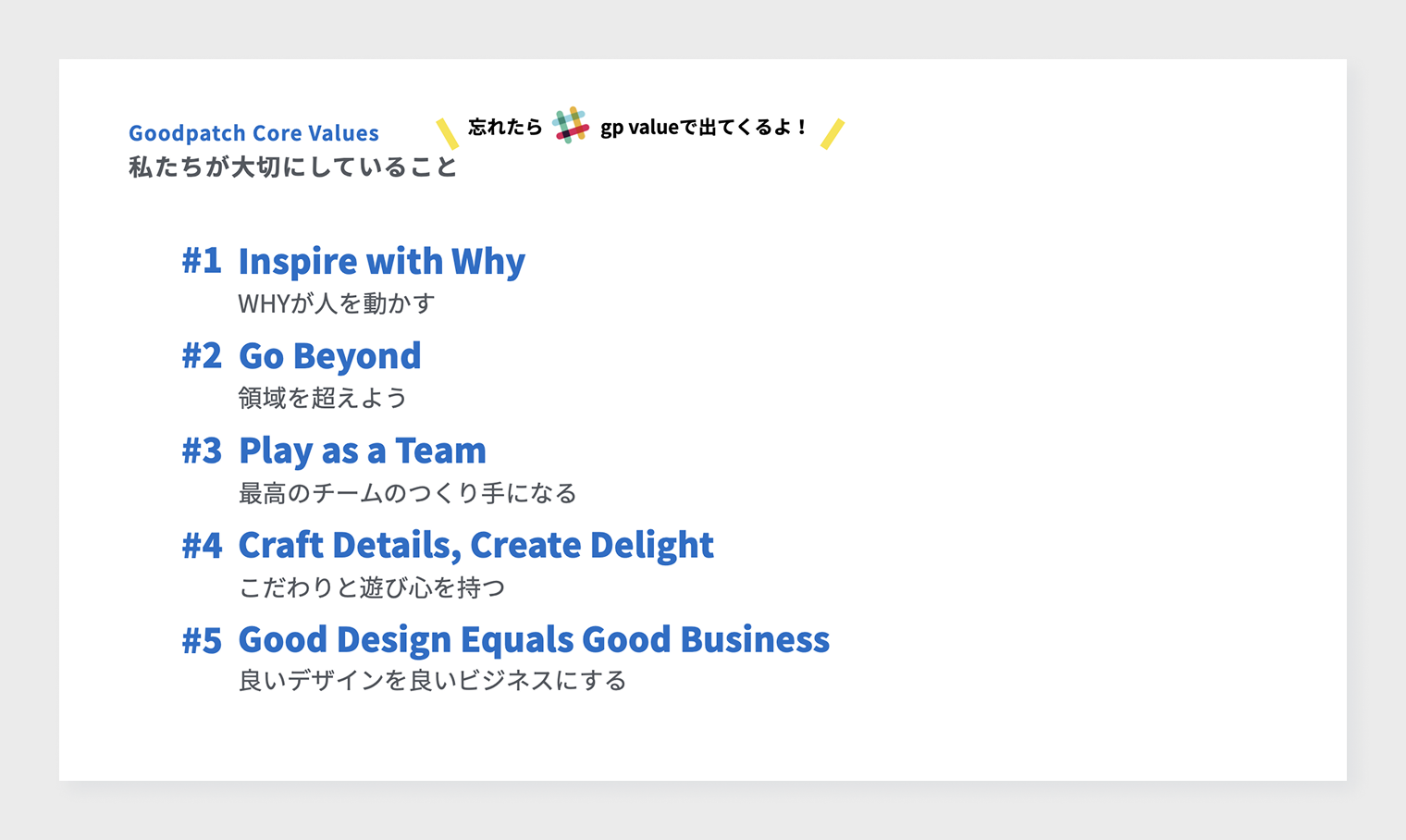 日々の行動の指針となる、グッドパッチのコアバリューをまとめた資料